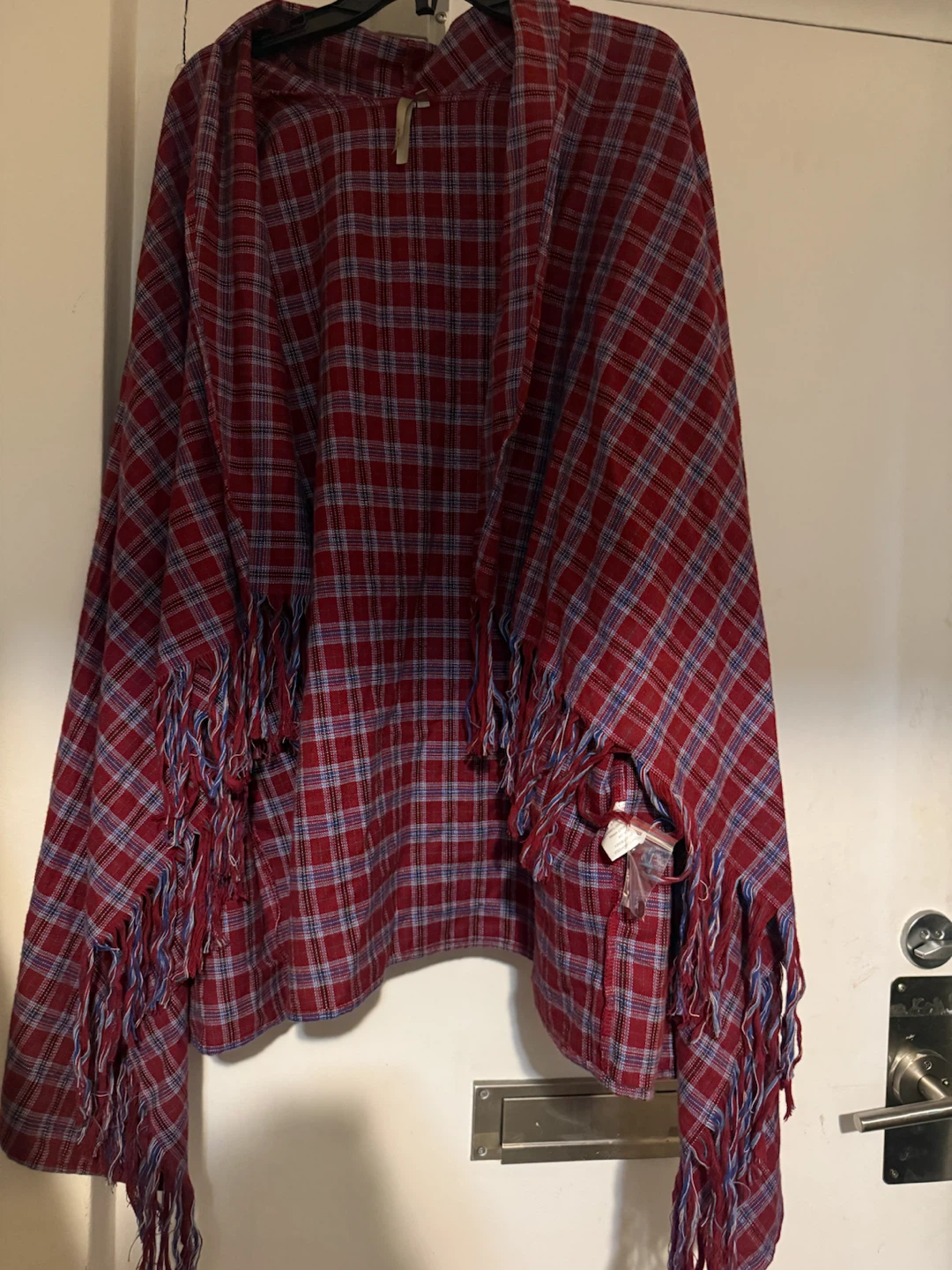 Plaid long sleeve poncho with Fringe - Size L - photo 5
