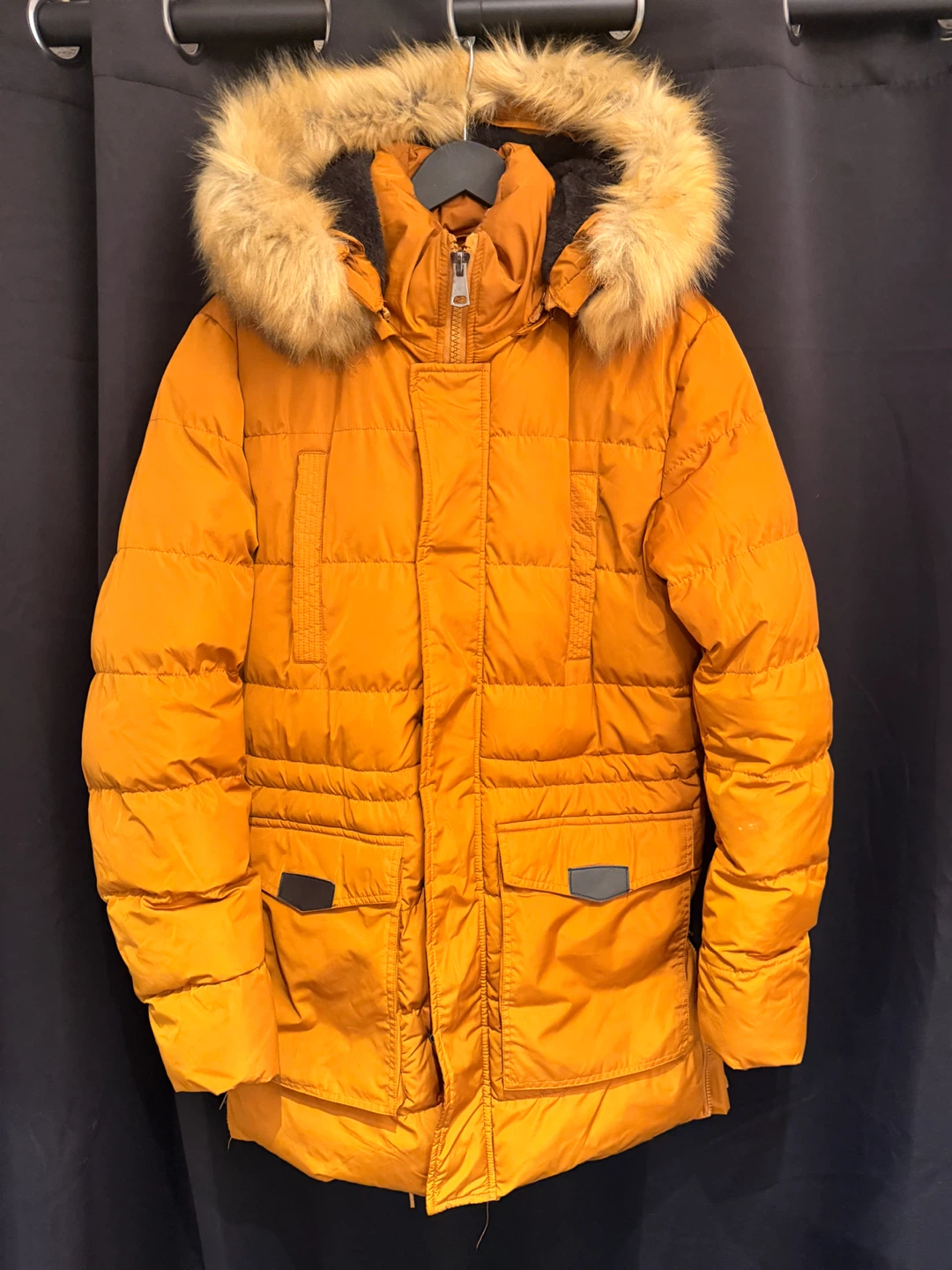Mustard Yellow Puffer Jacket with Faux Fur Hood