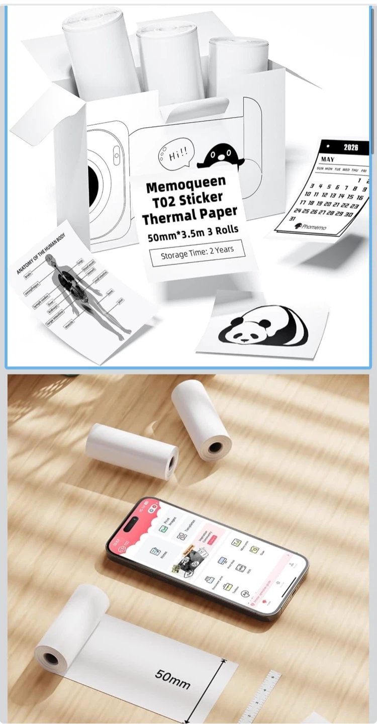 Phomemo T02 Thermal Paper Rolls - 50mm x 3.5m (3 Rolls)