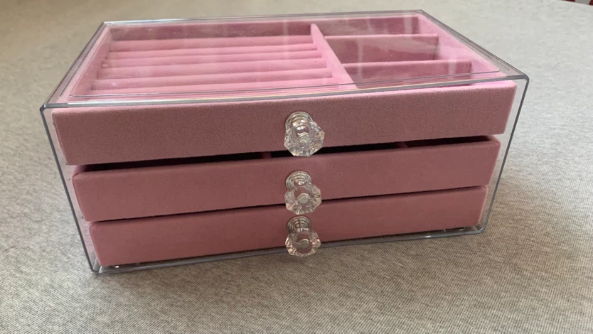 Clear Acrylic and Pink Velvet 3 Drawer Jewellery Box
