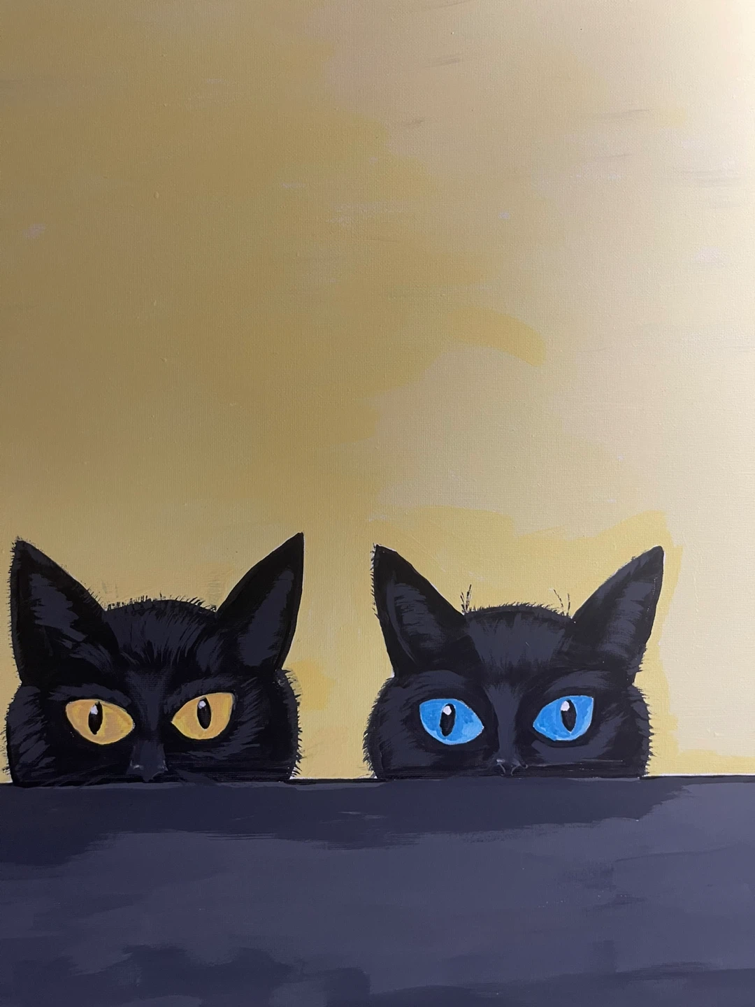 Original Painting - Two Black Cats Peeking Over Edge
