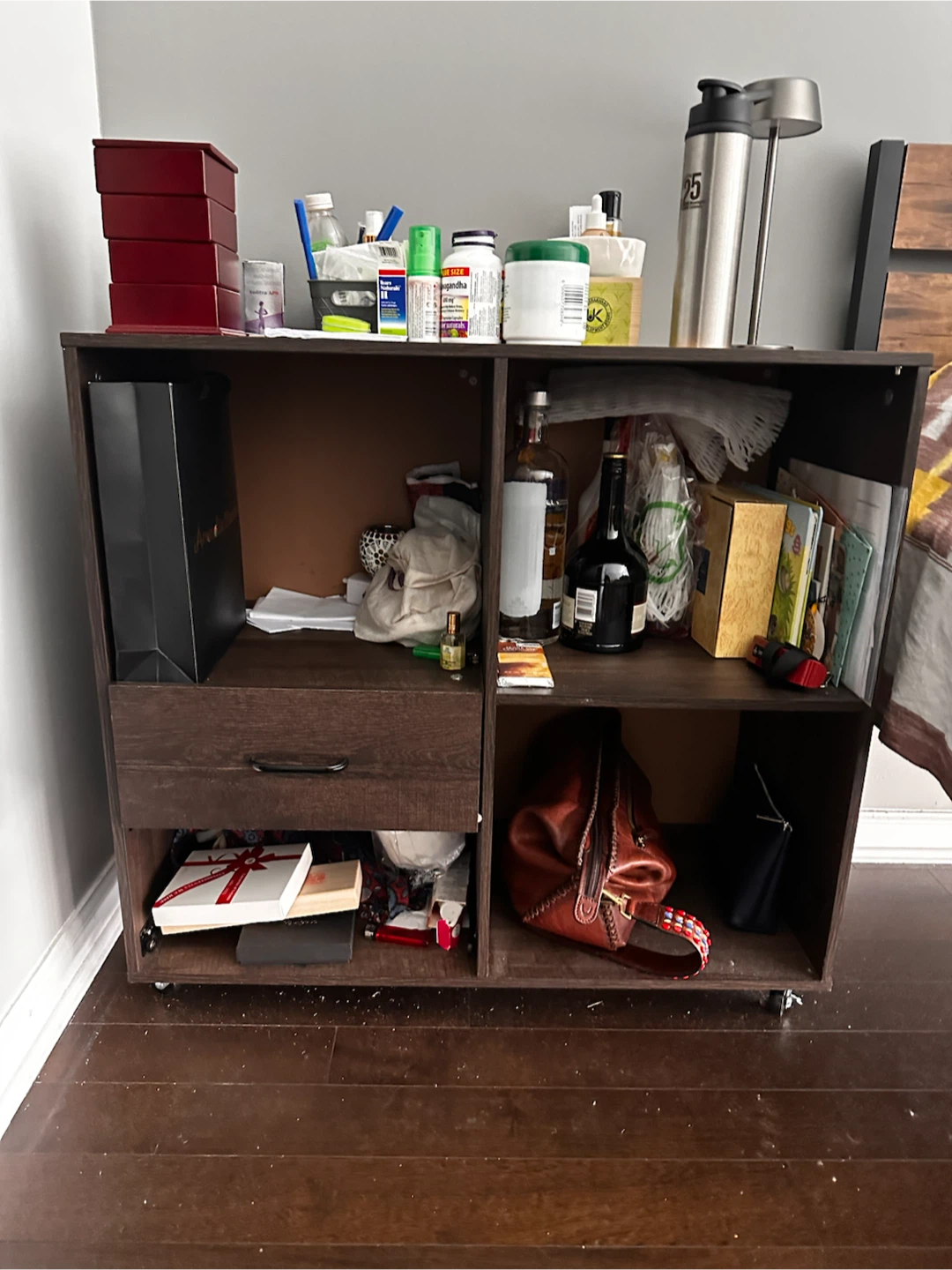 Dark brown wooden storage shelf with one drawer - photo 2
