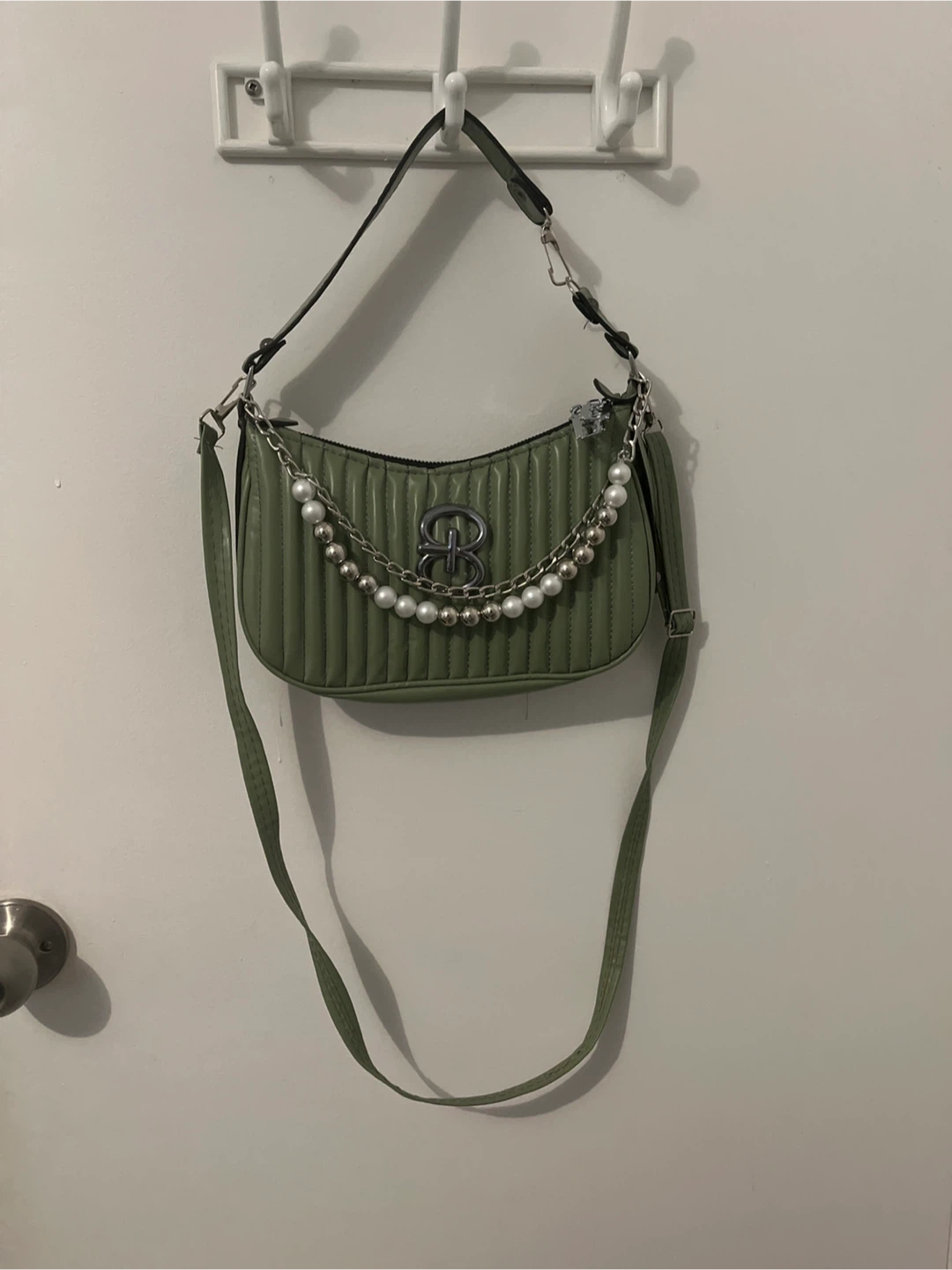Olive Green Quilted Shoulder Bag with Pearl and Chain Strap