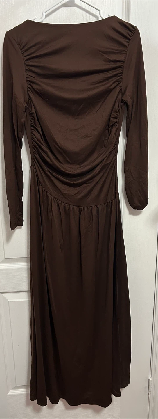 Brown Ruched Long Sleeve Maxi Dress