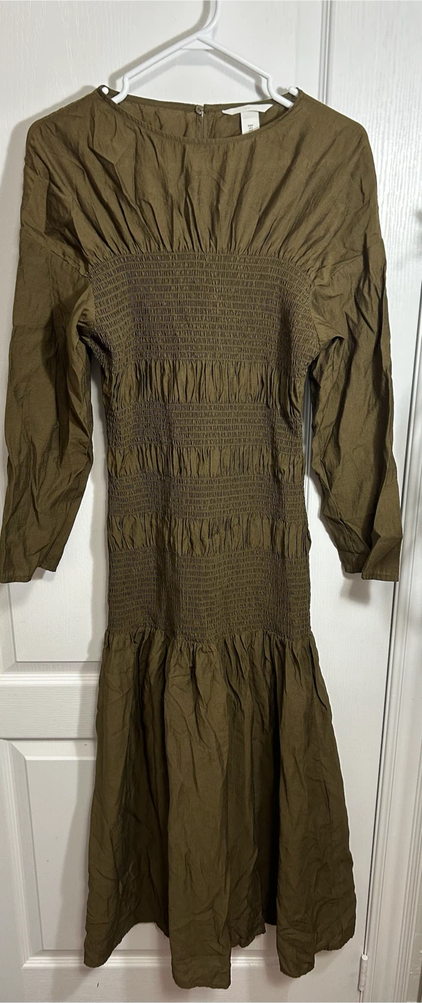 H&M Olive Green Smocked Midi Dress