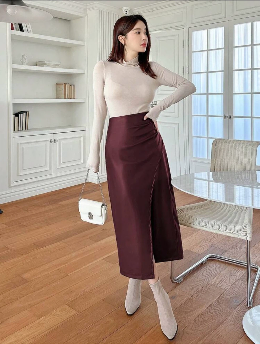 DAZY Burgundy Faux Leather Midi Skirt US4