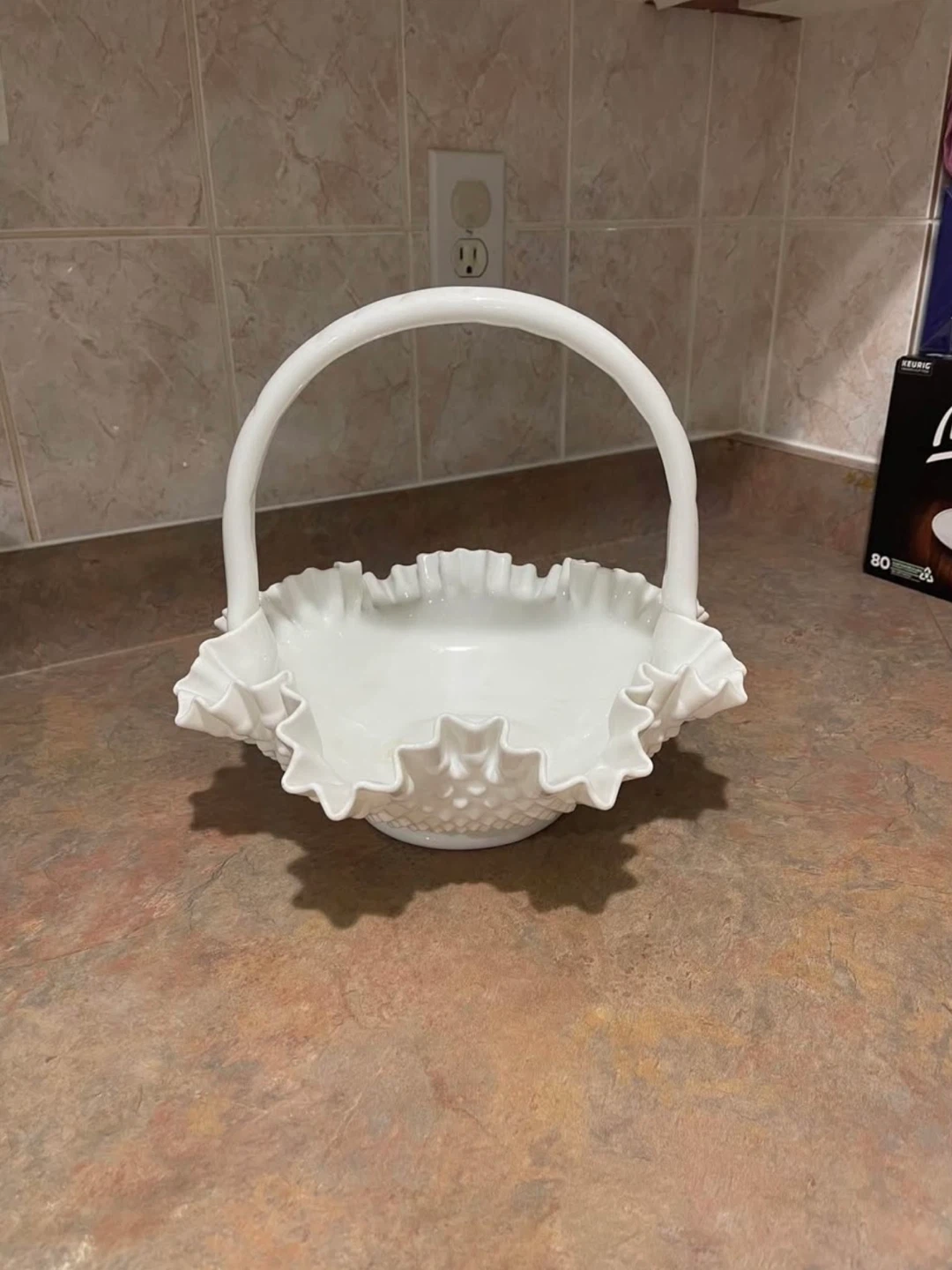 White Hobnail Milk Glass Basket with Handle