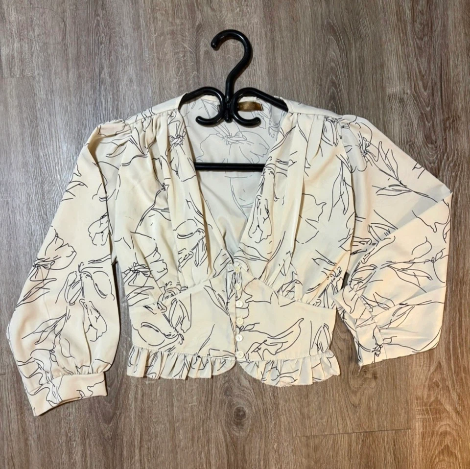 Cream and Black Floral Print Long Sleeve Blouse