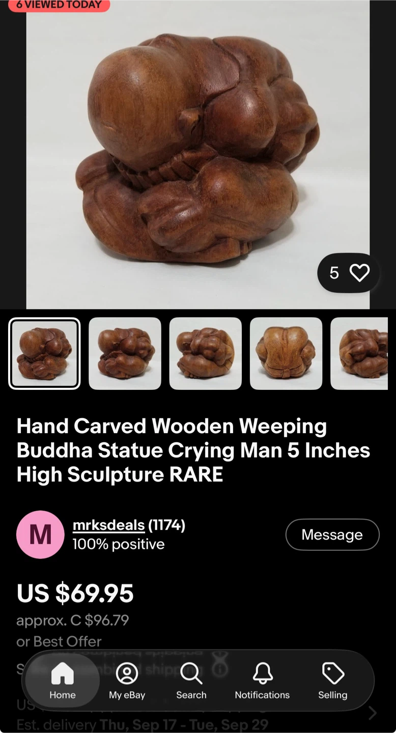 Hand Carved Wooden Weeping Buddha Statue - photo 5