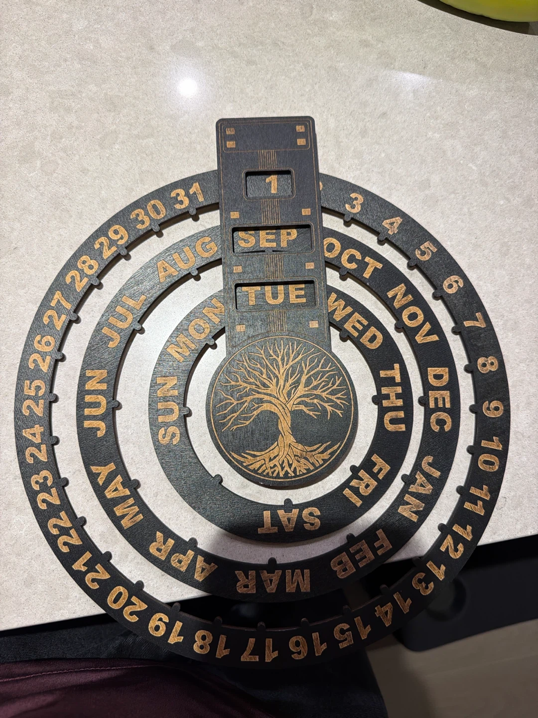 Wooden Perpetual Calendar with Tree of Life Design