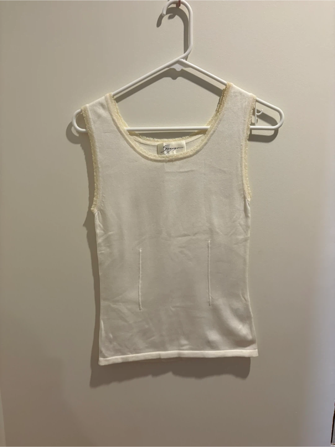 Cream Sleeveless Knit Top with Lace Trim