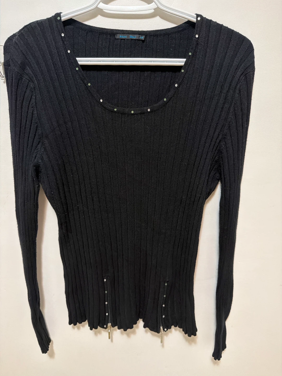 Alison Sheri Black Ribbed Sweater with Zipper Detail