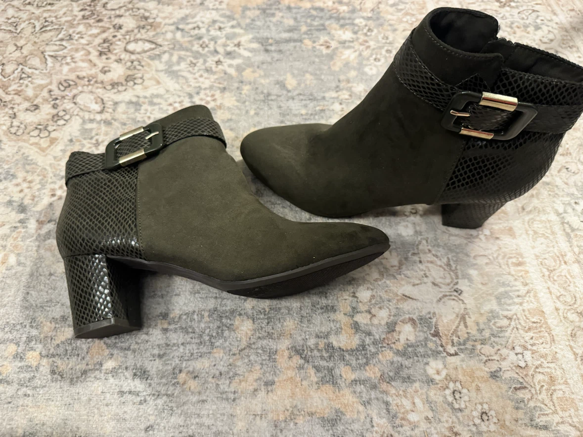 Women's Olive Green Suede Ankle Boots with Snake Print Accent