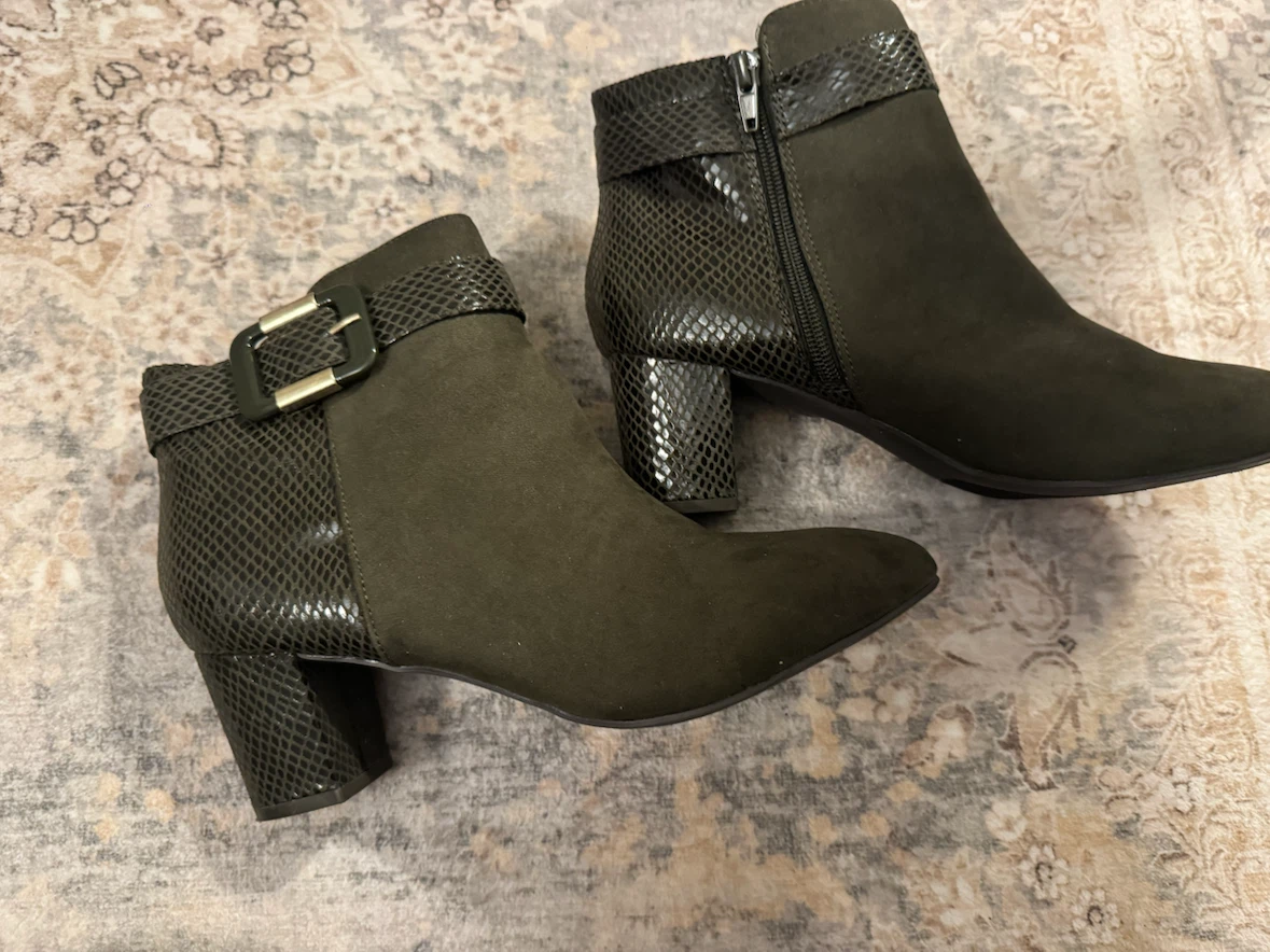 Women's Olive Green Suede Ankle Boots with Snake Print Accent - photo 2