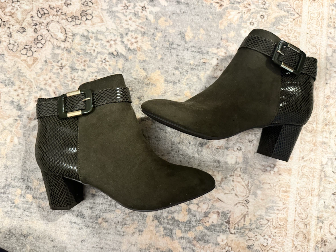 Women's Olive Green Suede Ankle Boots with Snake Print Accent - photo 3