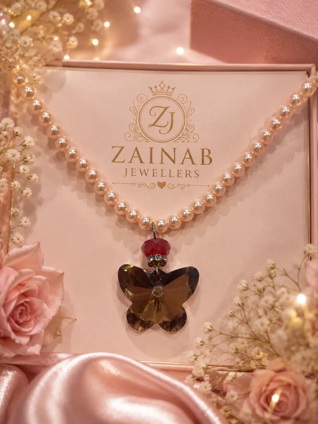 Handmade Pearl Necklace with Butterfly Pendant