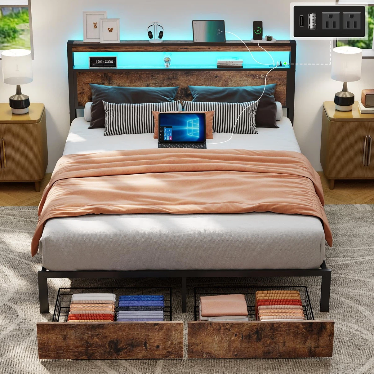 Full Size Bed Frame with 2 Storage Drawers