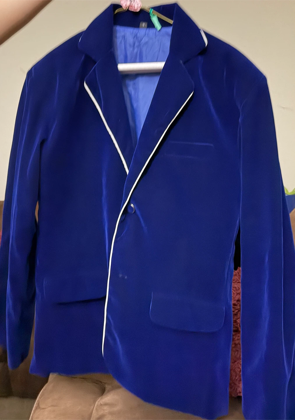 Blue Velvet Blazer with White Piping - photo 2