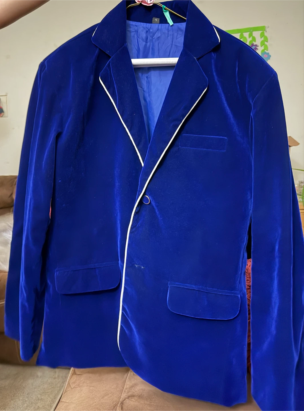 Blue Velvet Blazer with White Piping - photo 3