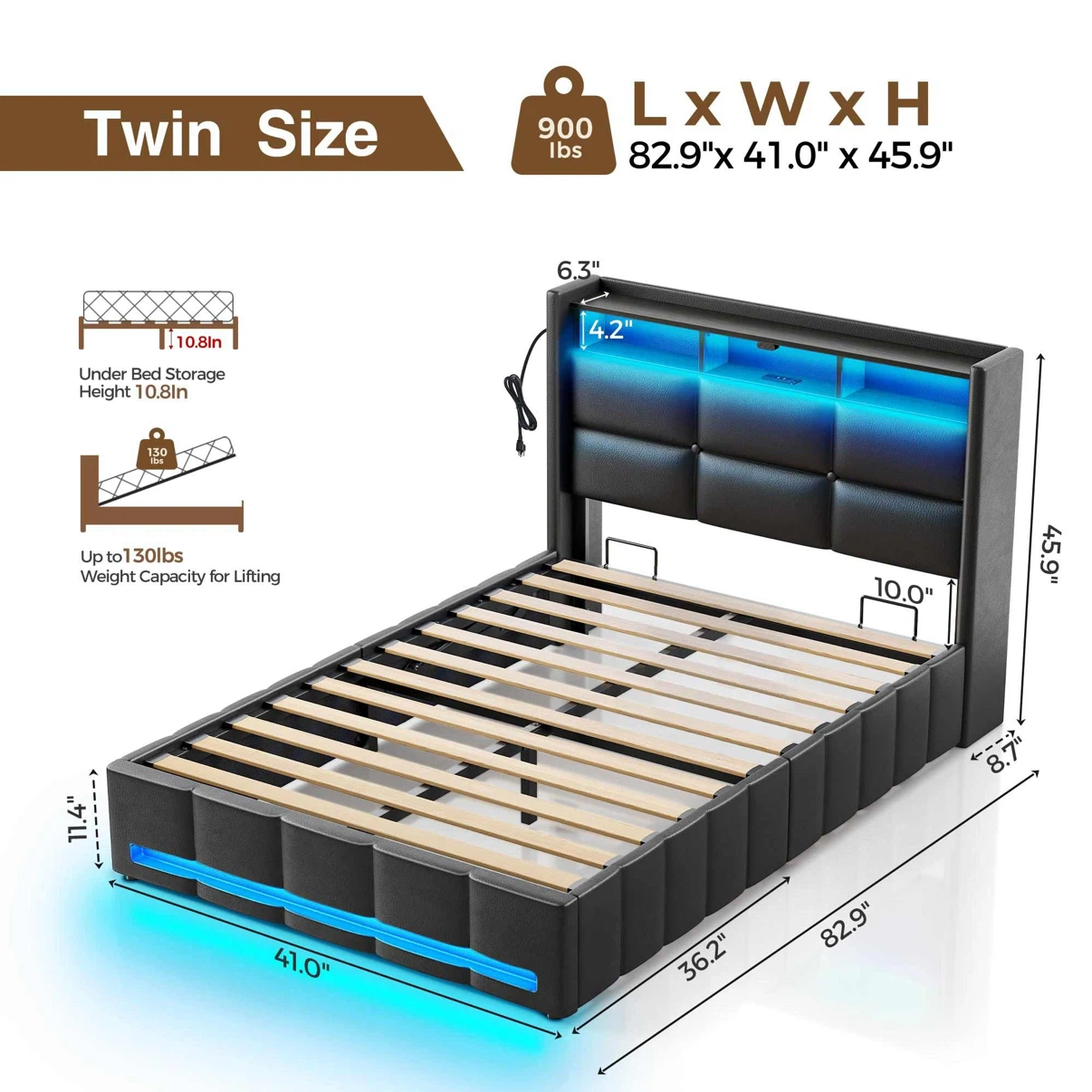 Rolanstar Twin Size Bed Frame with Lift Up Storage - photo 2