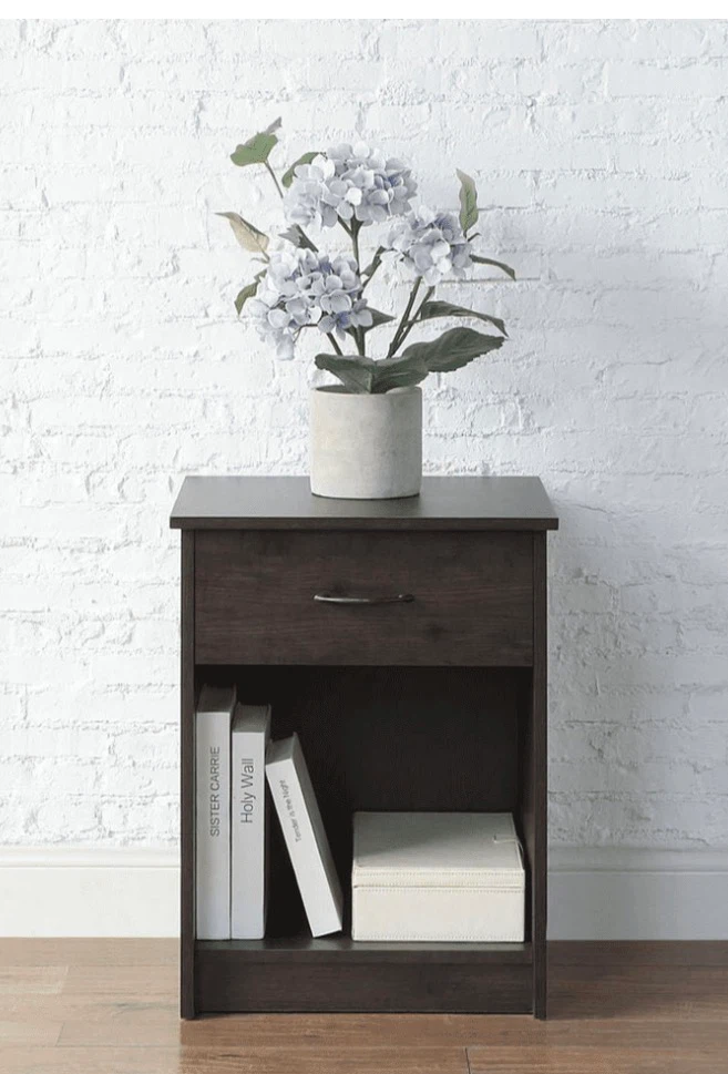 Dark Brown Nightstand with Drawer and Shelf