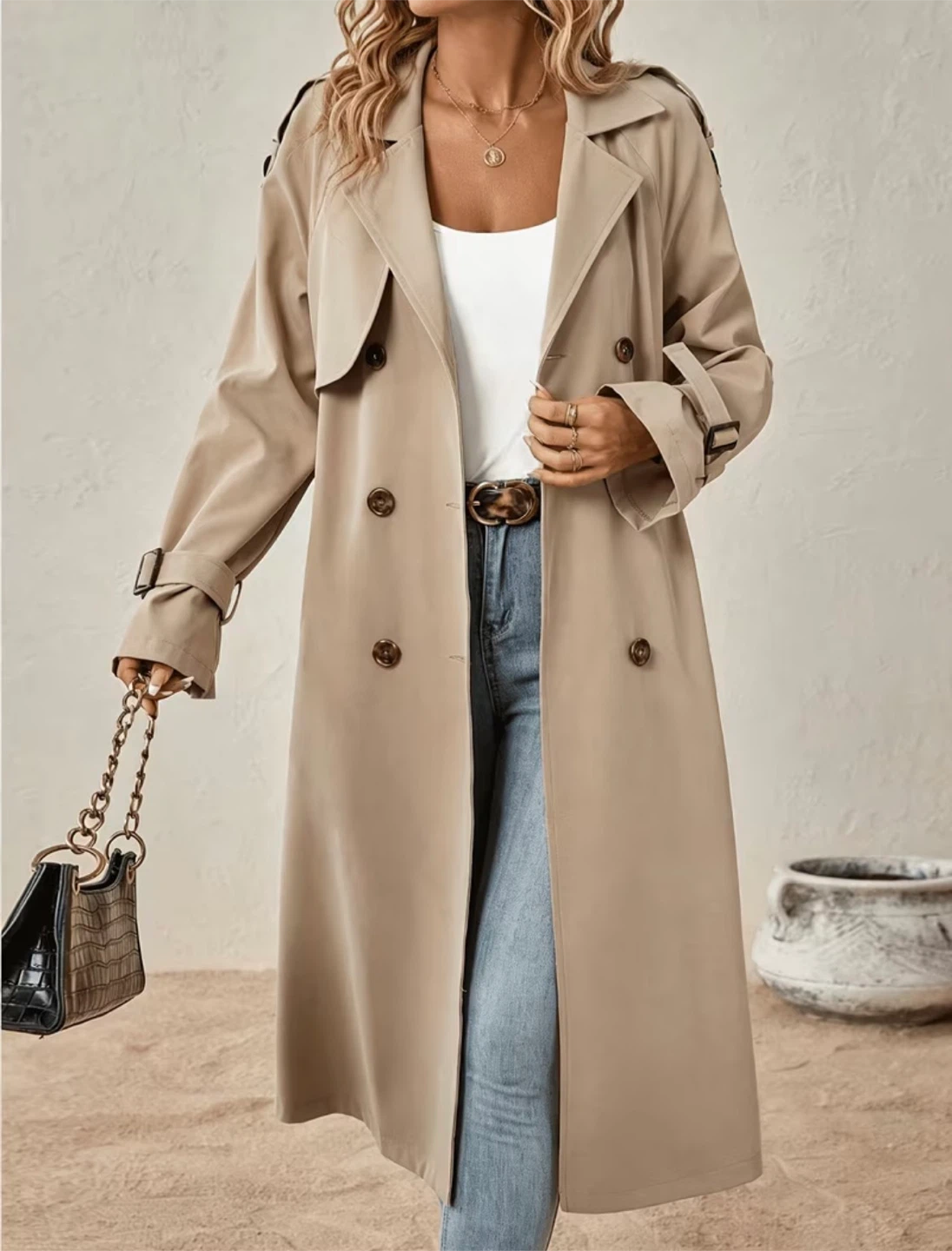 Beige double-breasted trench coat