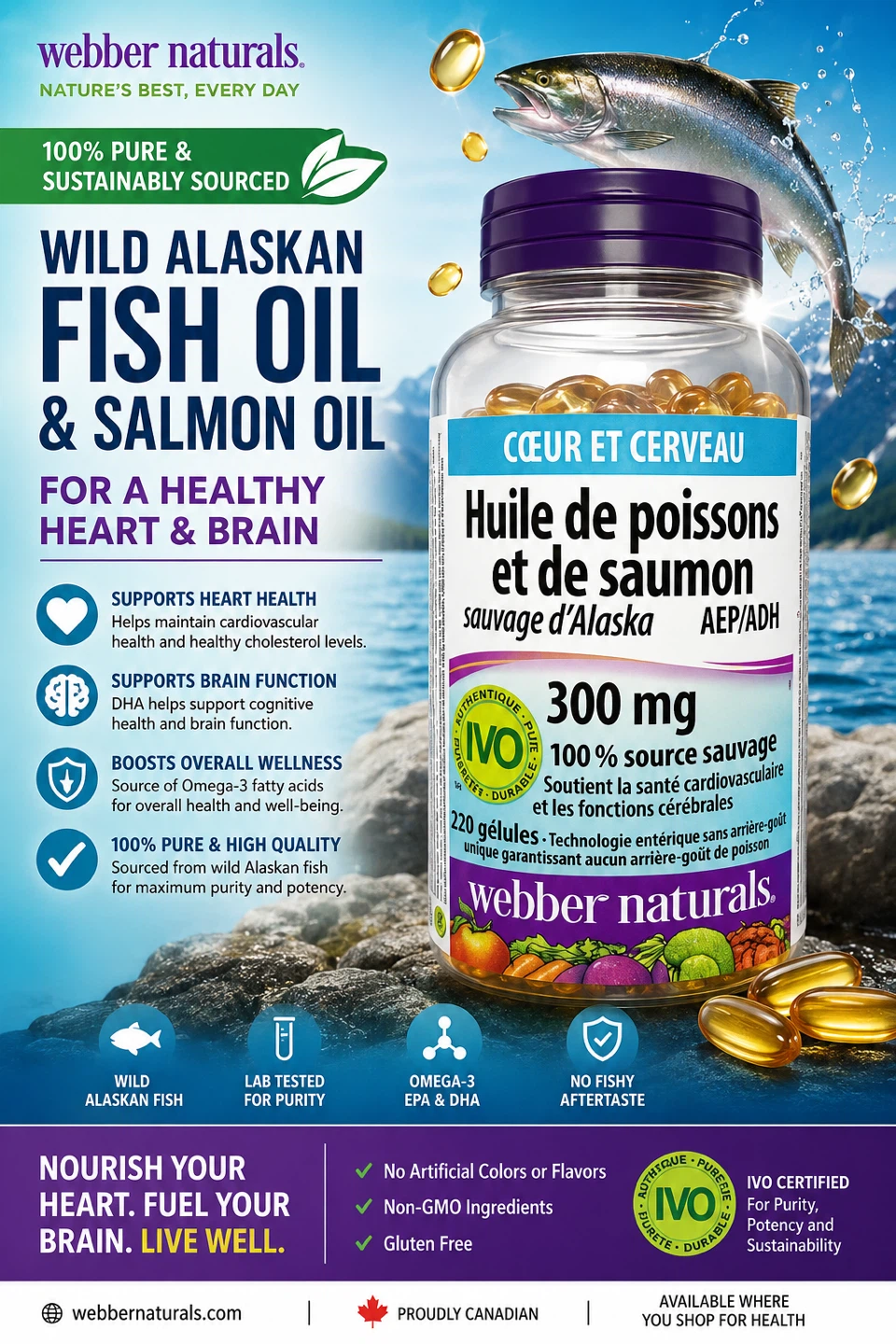 Webber Naturals Wild Alaskan Fish Oil & Salmon Oil 220 Softgels