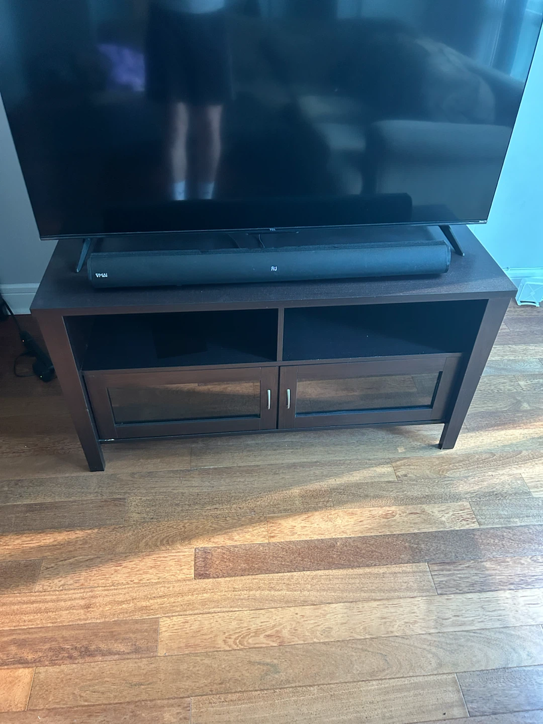 Dark Wood TV Stand with Glass Doors