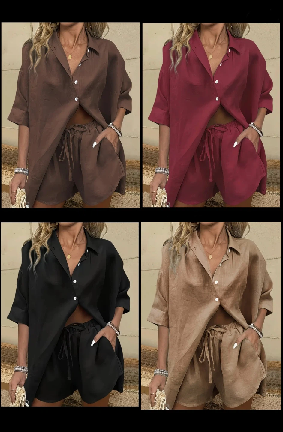 Women’s New Two-Piece Button-Down Shirt and Shorts Set