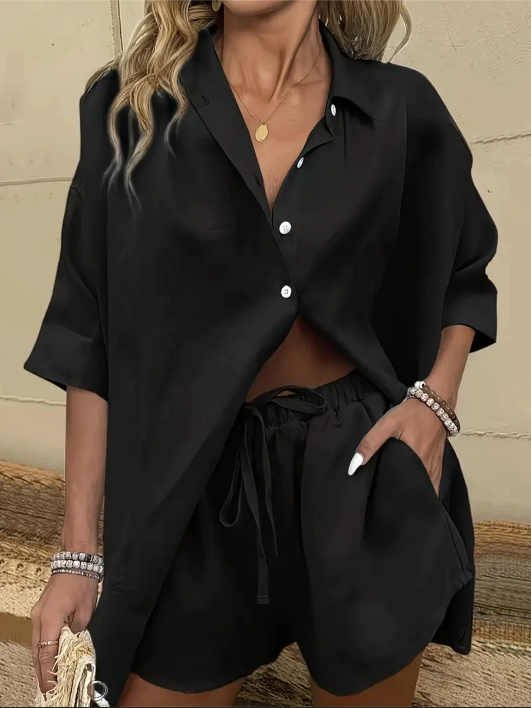 Women’s New Two-Piece Button-Down Shirt and Shorts Set - photo 3