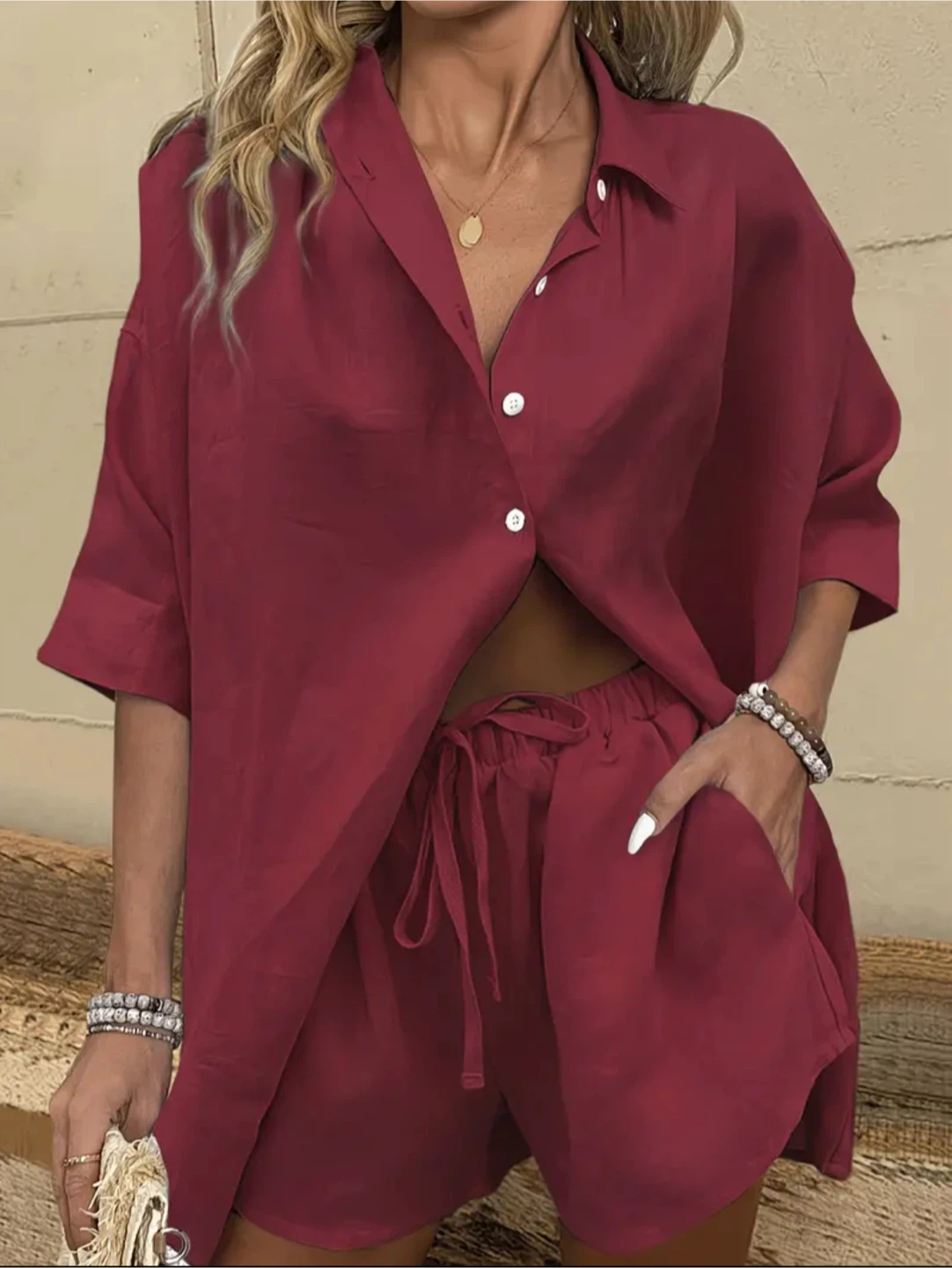 Women’s New Two-Piece Button-Down Shirt and Shorts Set - photo 5