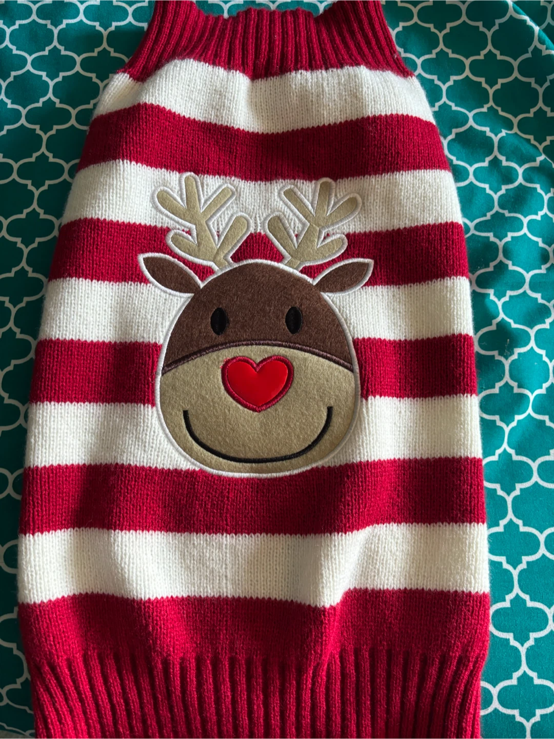 Red and White Striped Dog Sweater with Reindeer