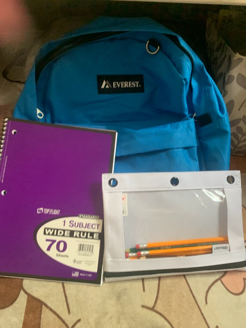 Everest Blue Backpack, Purple Notebook, and White Pencil Case!!