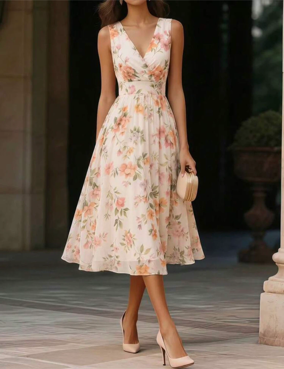 XL Floral Sleeveless midi wedding guest shower cocktail dress