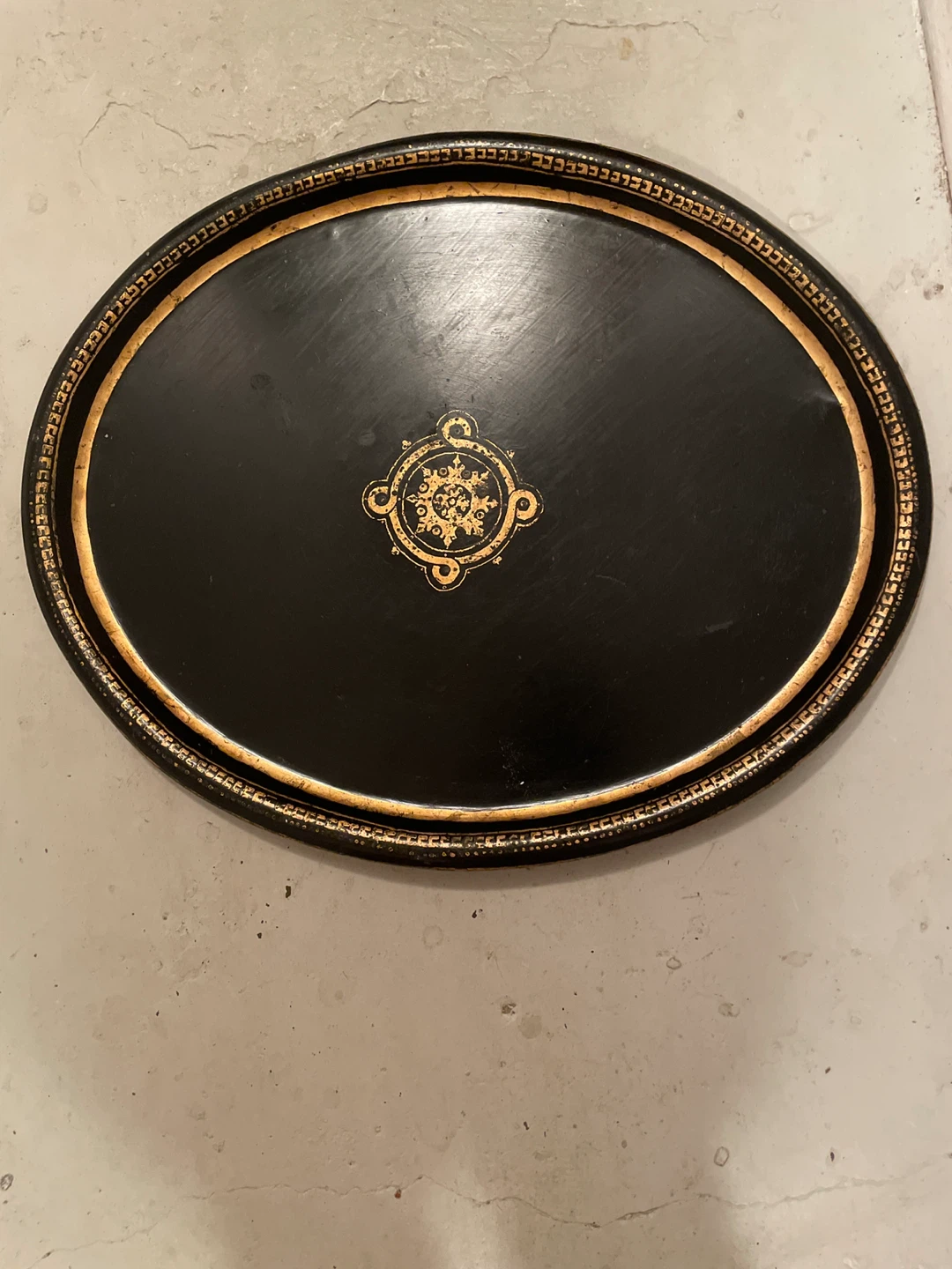 Vintage Oval Black and Gold Decorative Tray