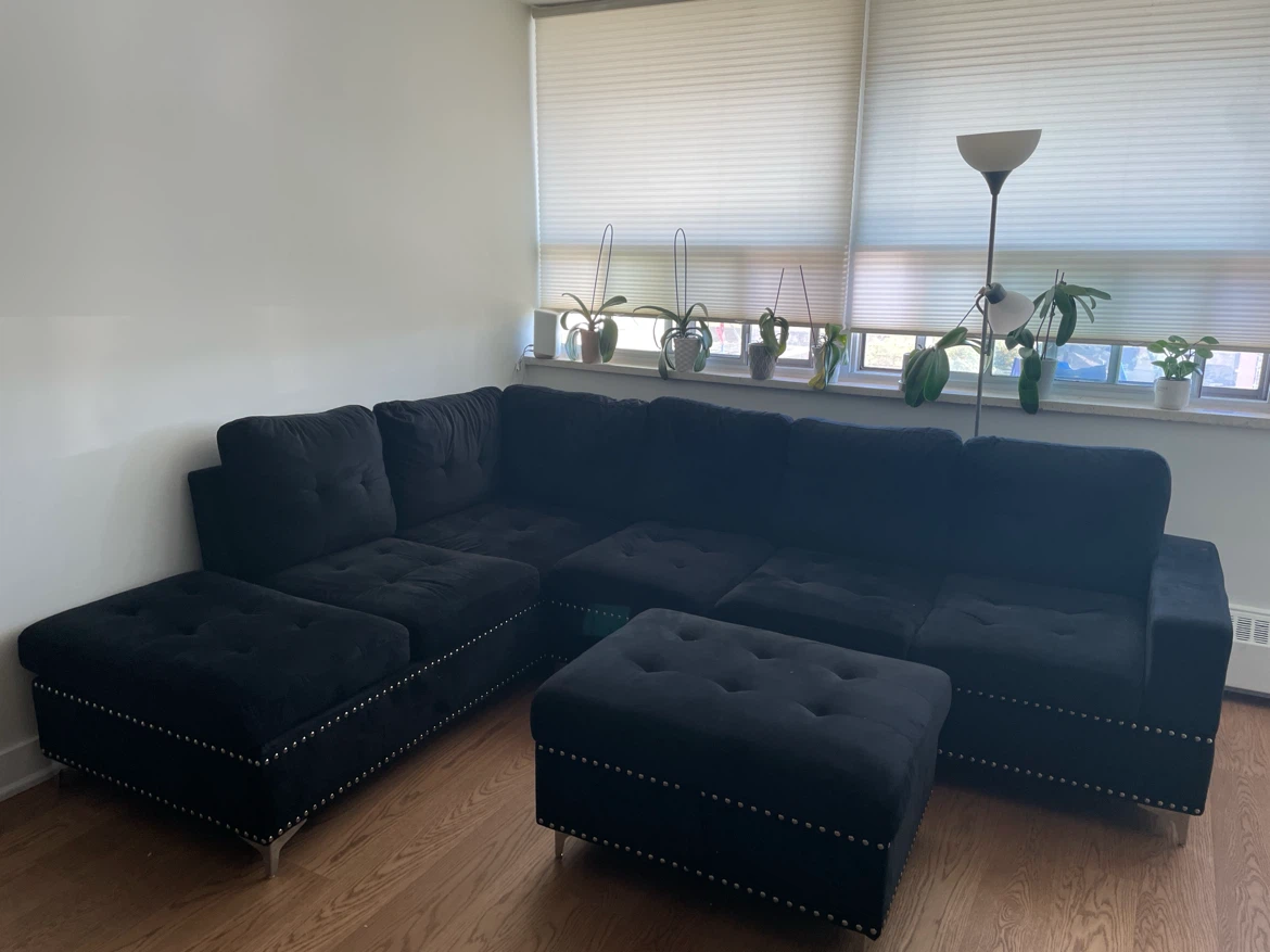Black Velvet Sectional Sofa with Storage Ottoman