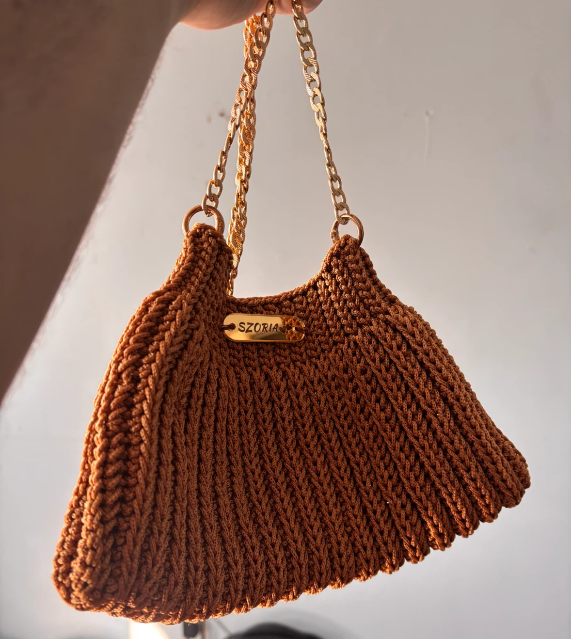 SZORIA Brown Knit Shoulder Bag with Gold Chain