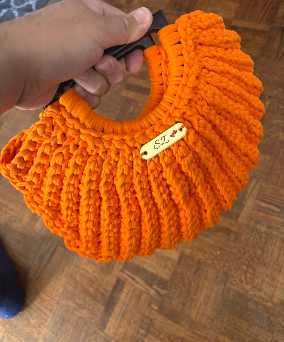 Orange Knit Tote Bag with Black Handles