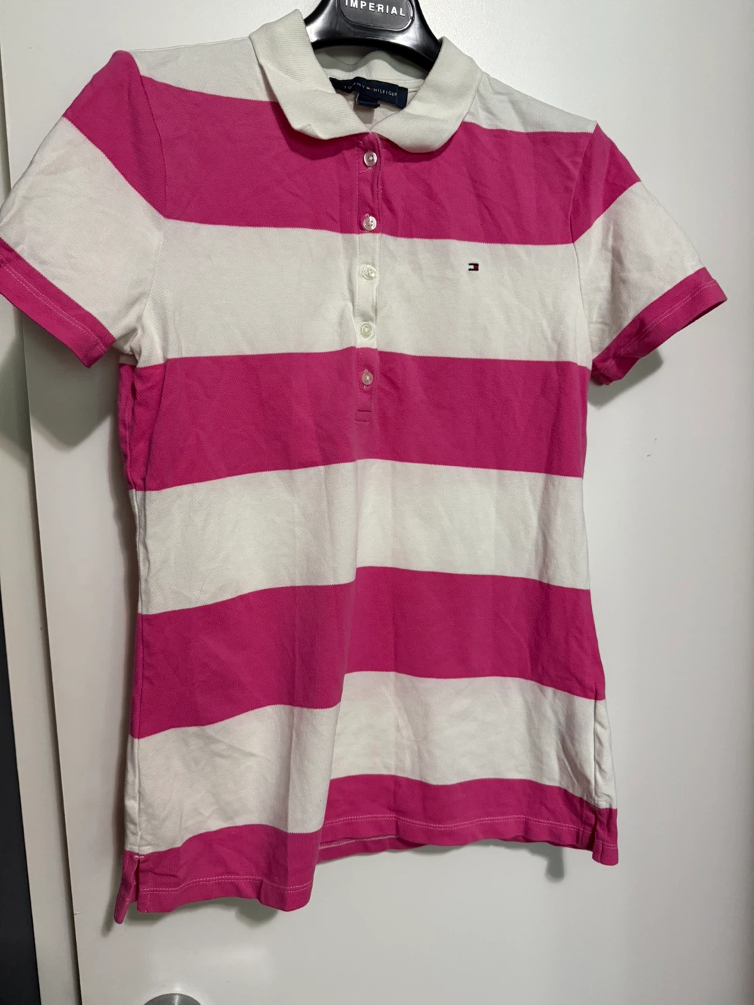 Size S: Tommy Hilfiger Pink and White Striped Polo Shirt