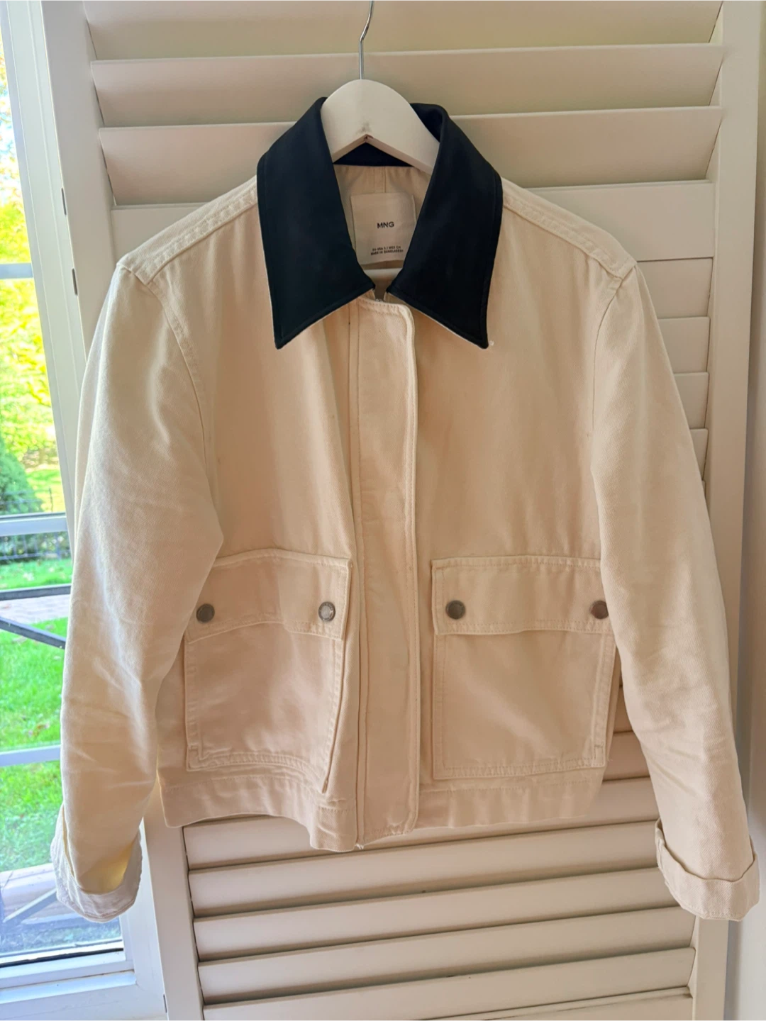 MANGO Cream Barn Jacket with Black pleather Collar