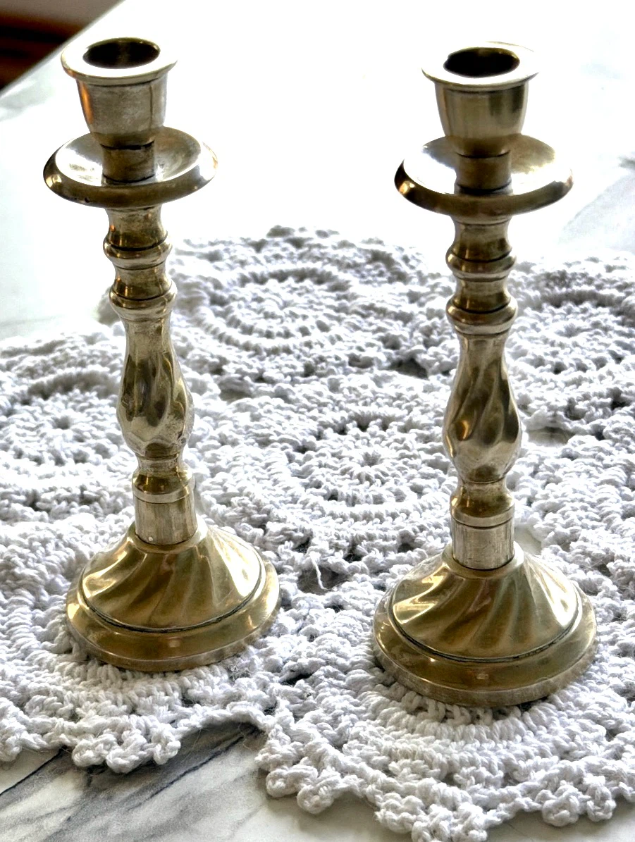 Solid Brass Candlestick Holders Pair of 2, Twisted Swirl Stem - photo 2