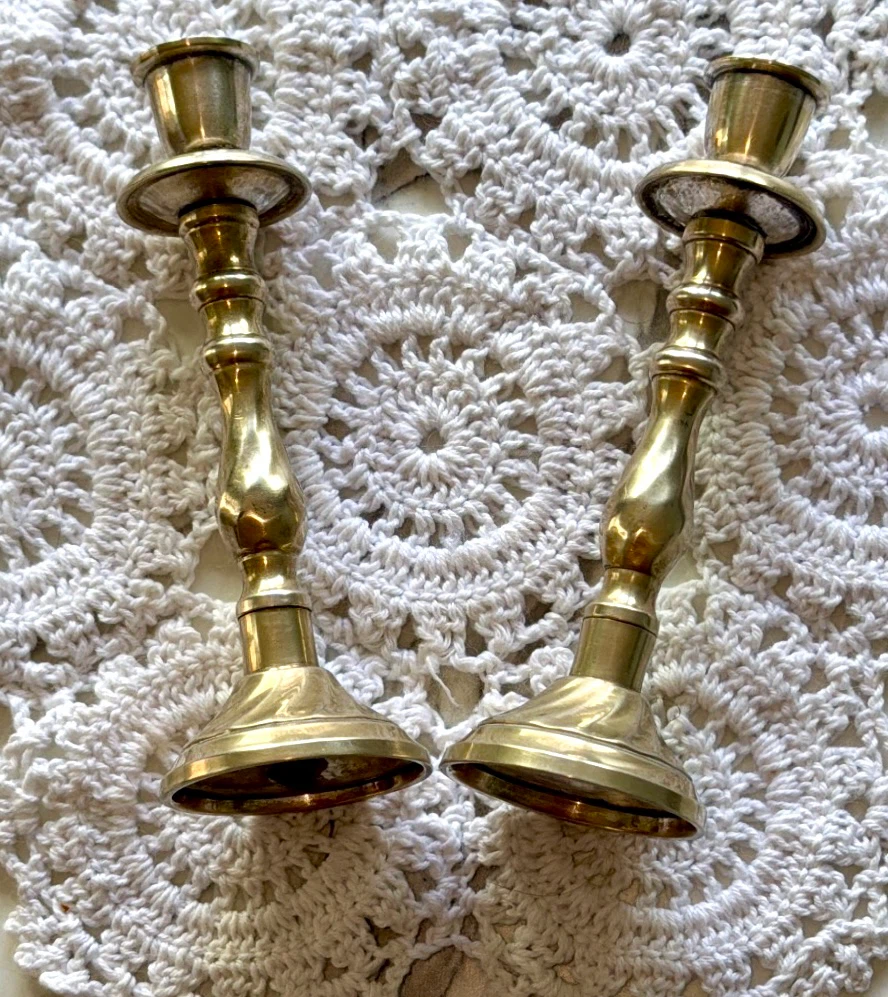 Solid Brass Candlestick Holders Pair of 2, Twisted Swirl Stem - photo 3