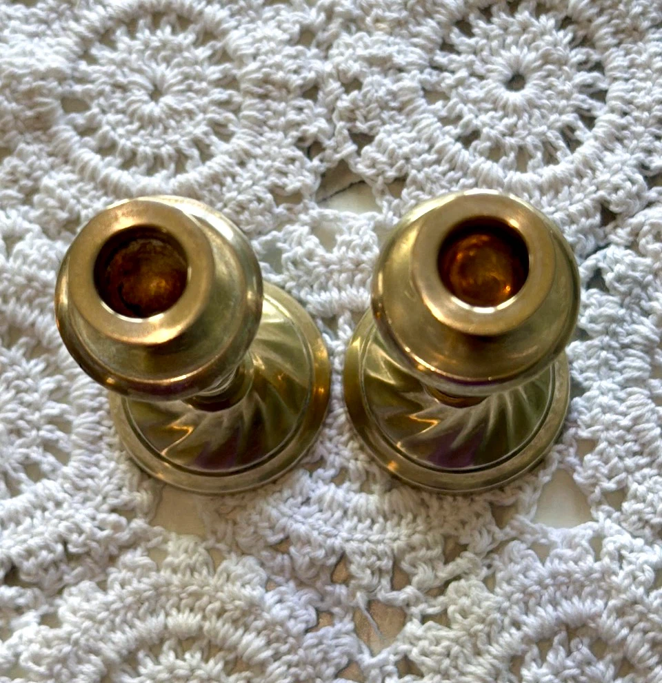 Solid Brass Candlestick Holders Pair of 2, Twisted Swirl Stem - photo 5