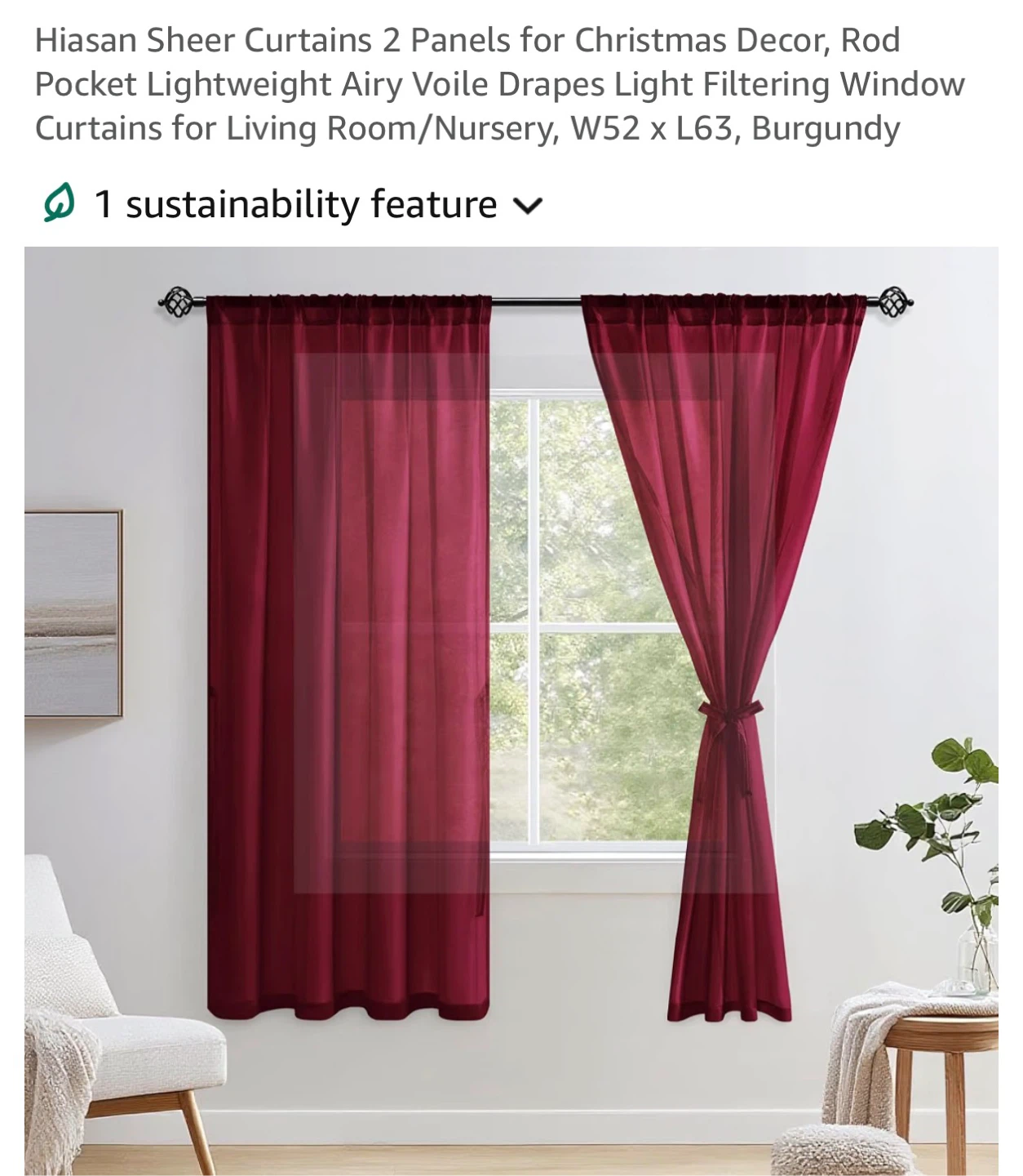 Hiasan Burgundy Sheer Curtains, 2 Panels