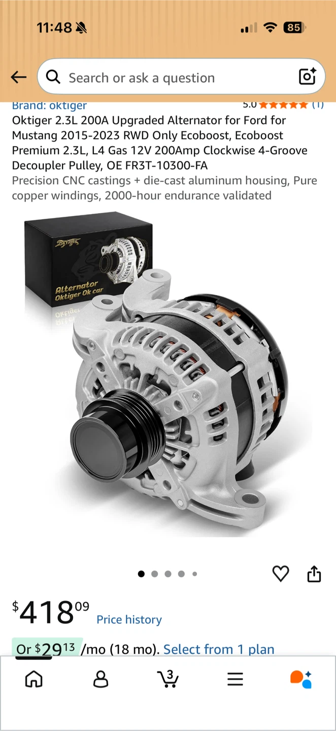 Oktiger 2.3L 200A Upgraded Alternator for Ford Mustang 2015-2023