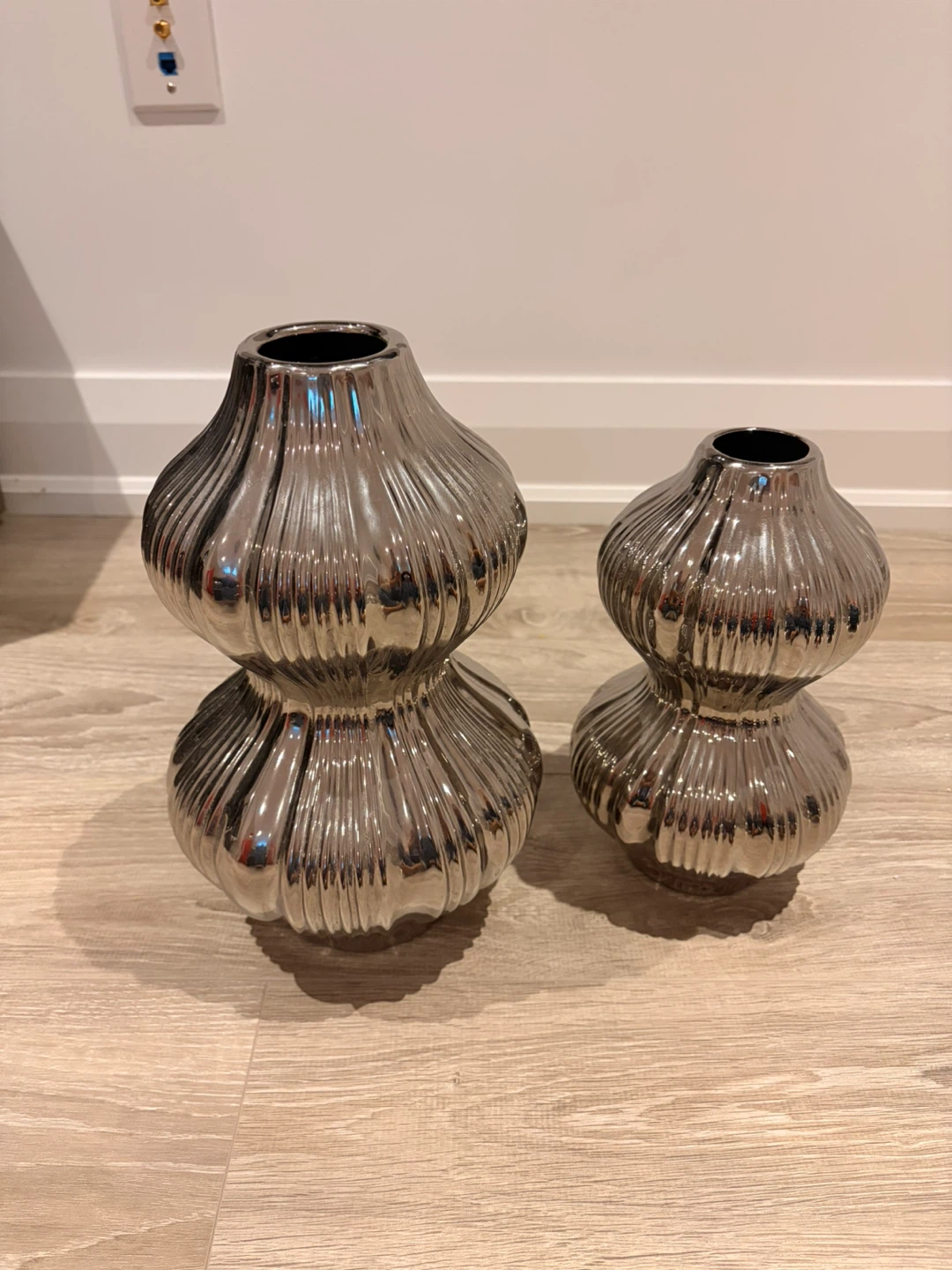 Set of 2 Silver Fluted Decorative Vases