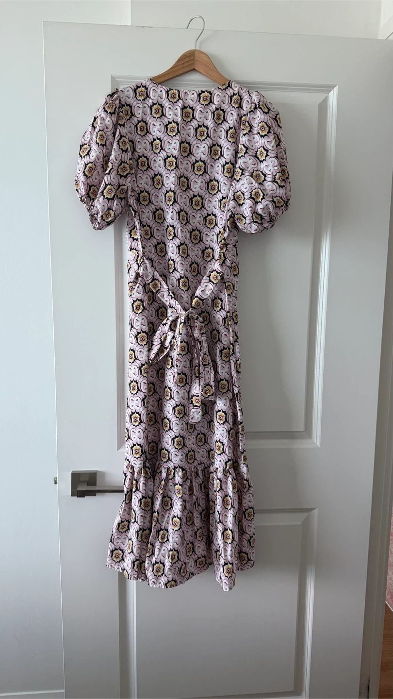 Pink Patterned Puff-Sleeve Midi Dress - photo 3