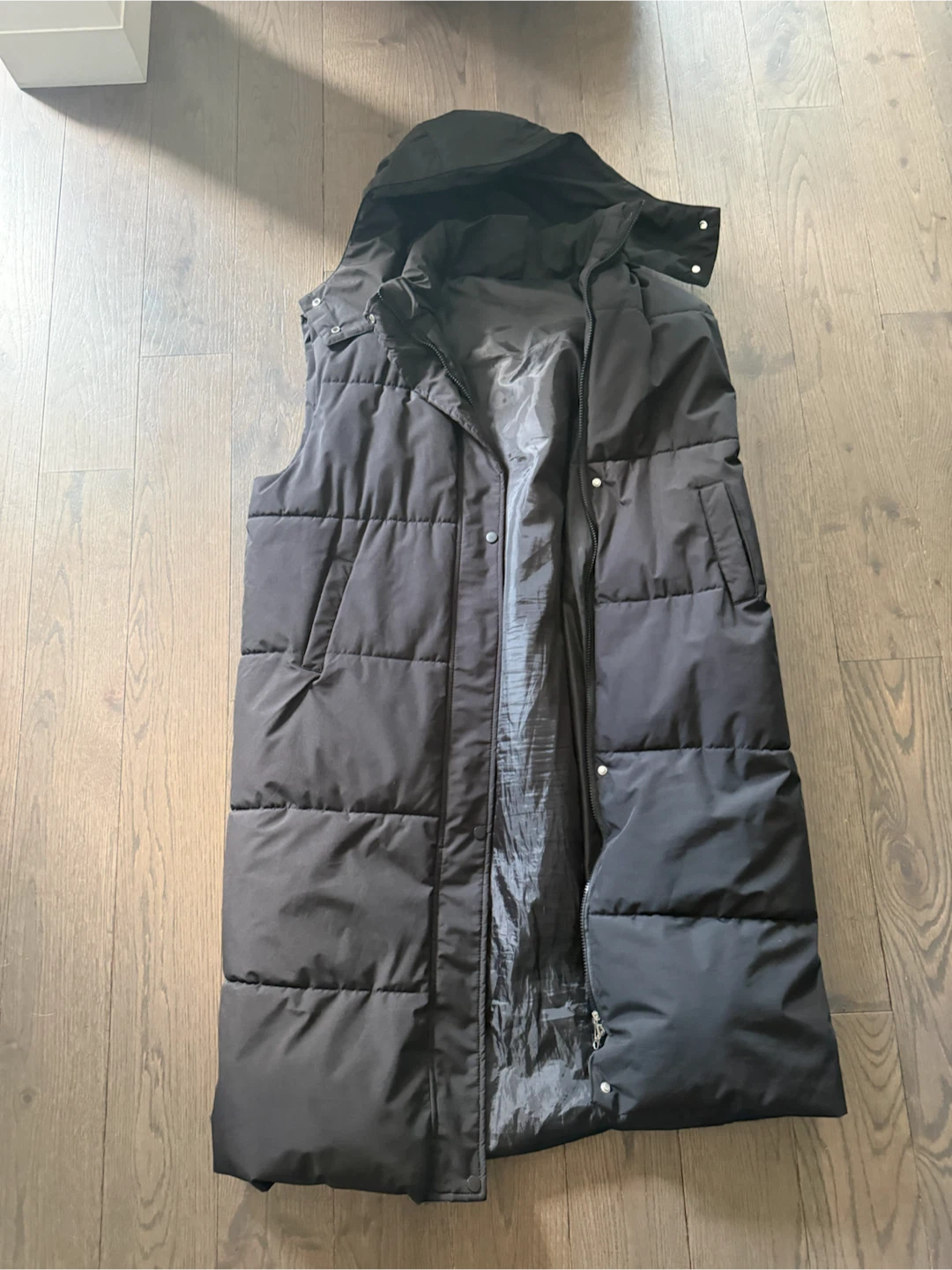 Women’s long Black Puffer Vest with Hood