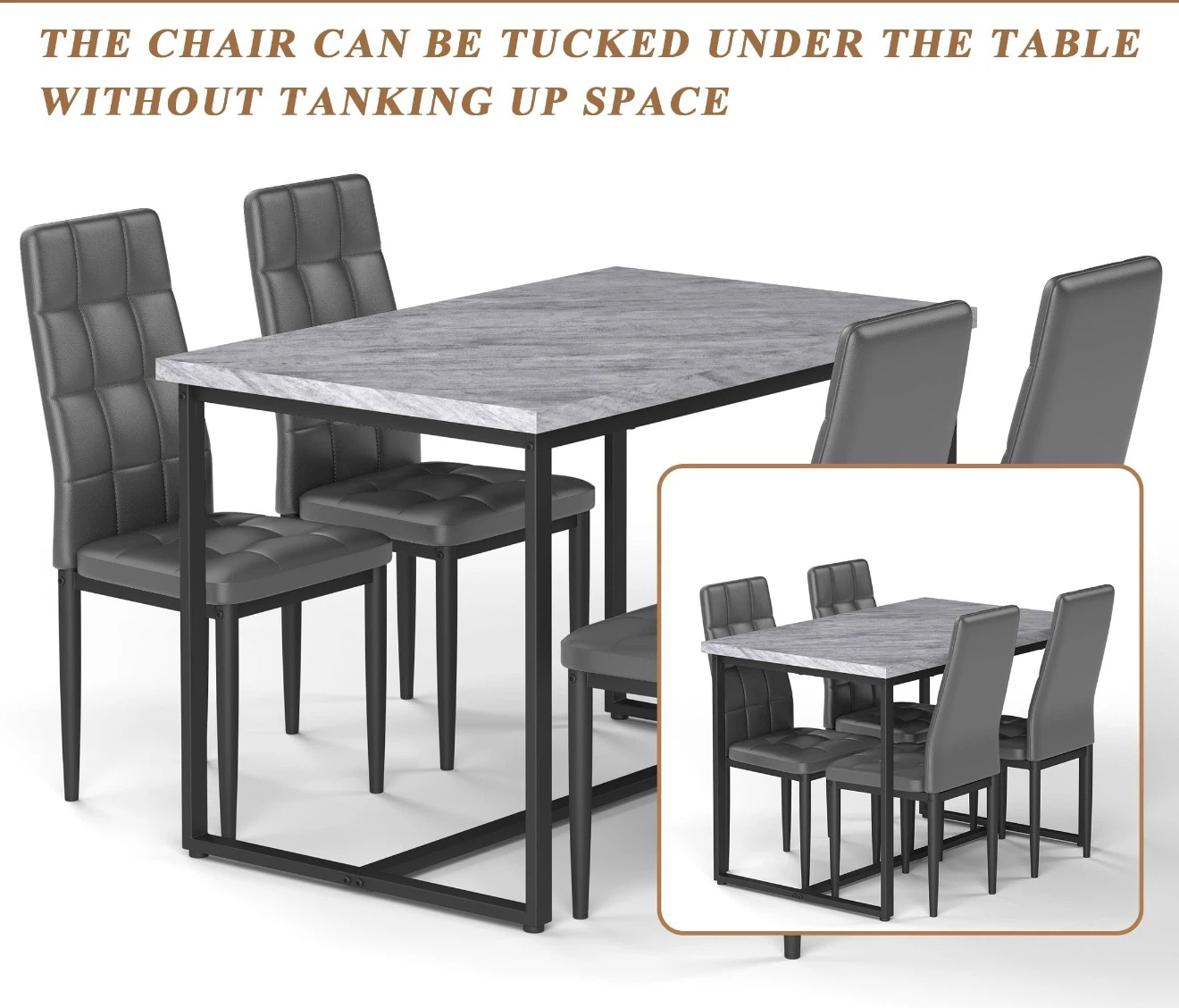5-Piece Marble-Look Dining Set with Gray Chairs - photo 2