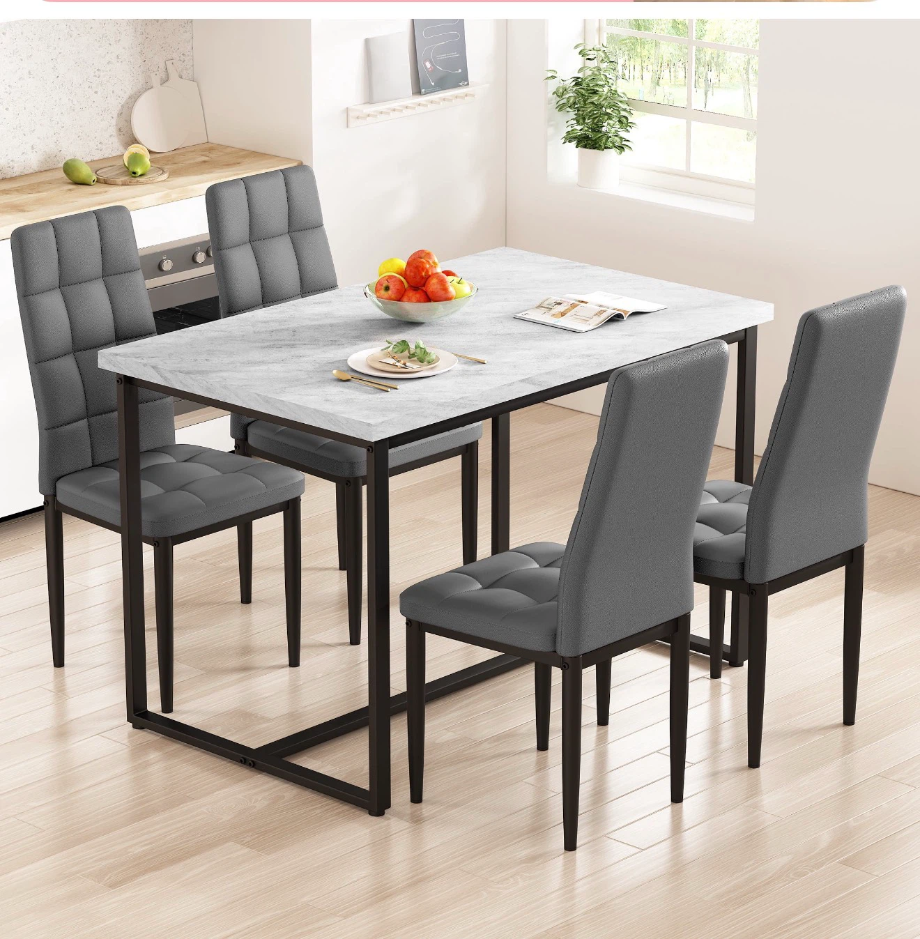 5-Piece Marble-Look Dining Set with Gray Chairs - photo 3